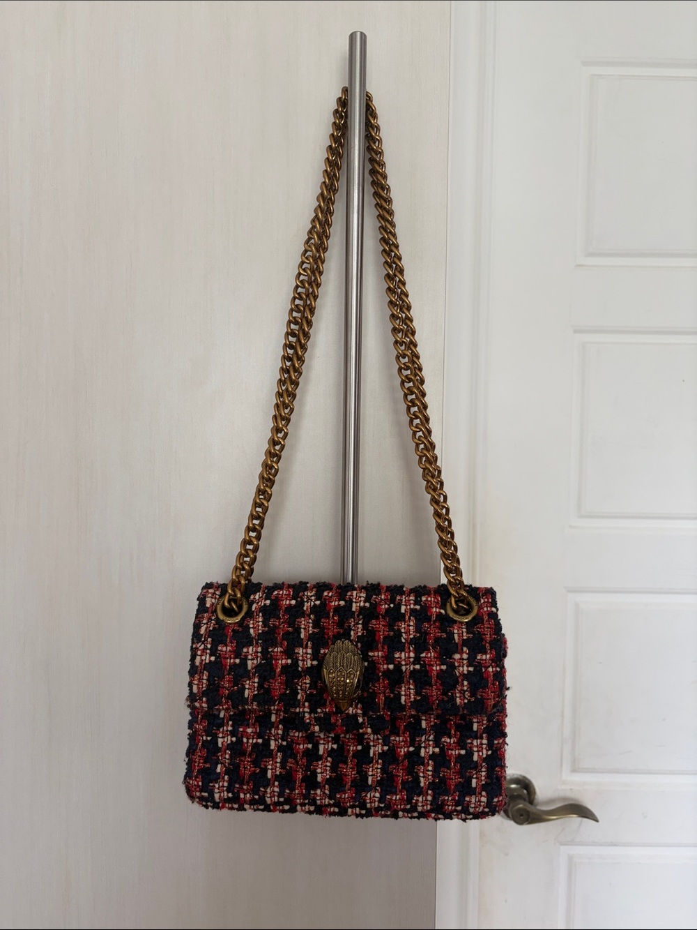 Kurt Geiger Black & Red Tweed Chain-Shoulder Flap Bag